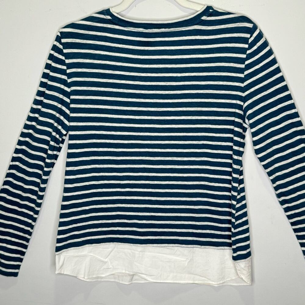 Tory Burch 100% Linen Stripe Minimalist Crew Neck Long‎ Sleeve Shirt Hem Medium - Picture 2 of 11